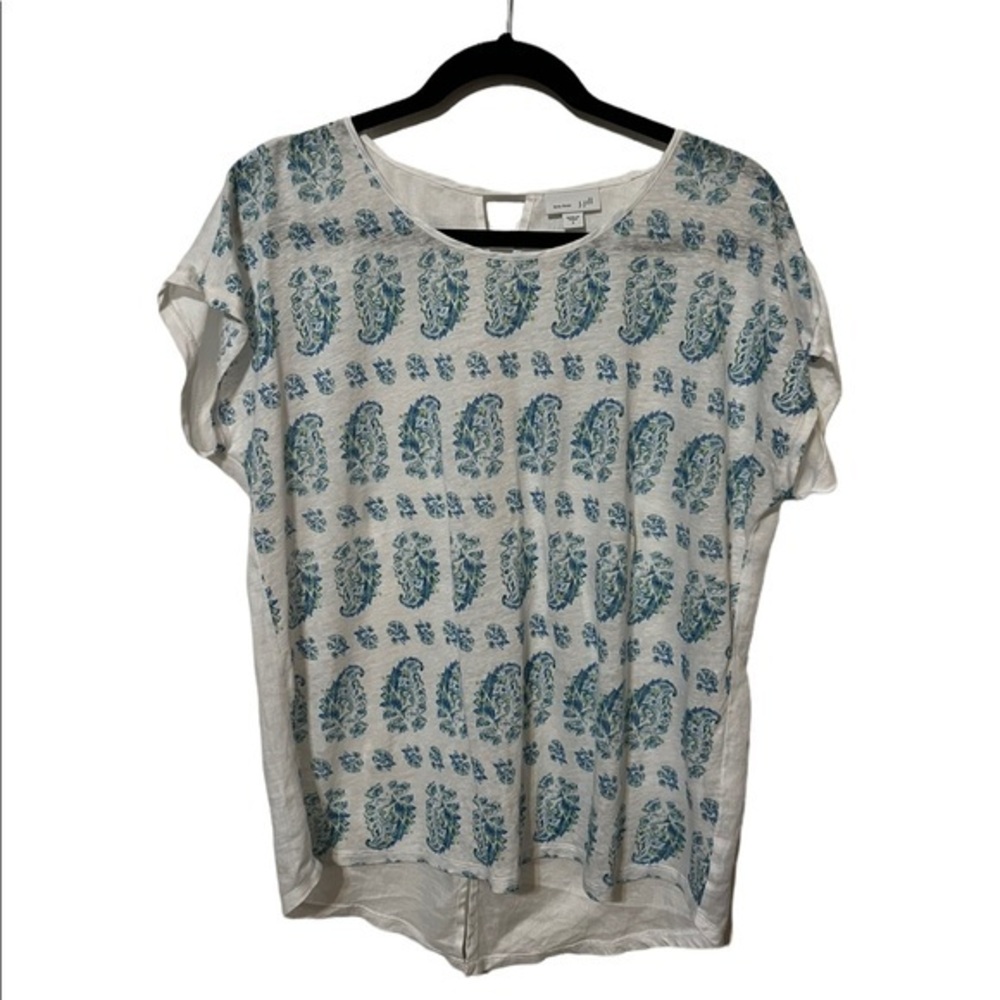 J. Jill White with Blue design Short Sleeve 100% Linen Size Small